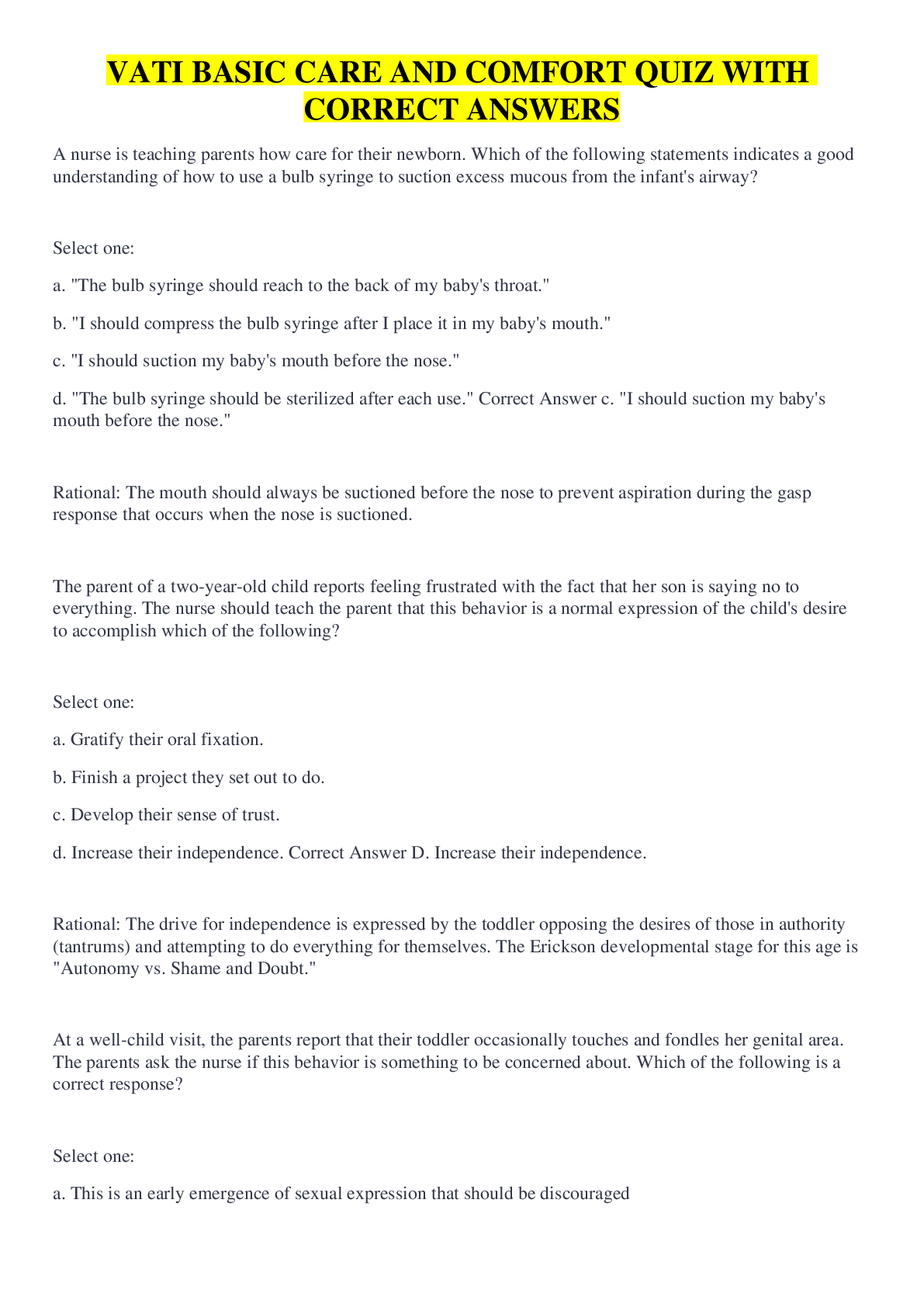 VATI BASIC CARE AND COMFORT QUIZ WITH CORRECT ANSWERS Browsegrades